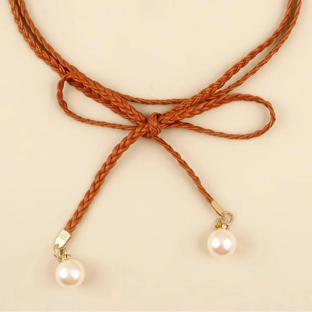 NEW| Women’s Elegant Faux Pearl Braided Vintage Style Skinny Belt PU Leather